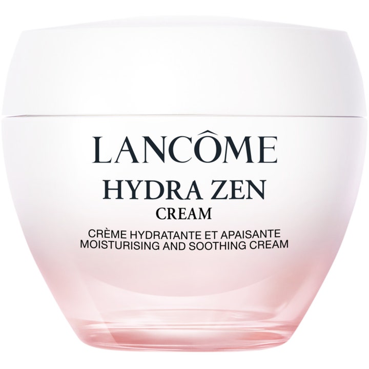 Lancôme Hydra Zen Cream 50 ml fuktighetskrem som gir glød i en elegant rosa og hvit glasskrukke.