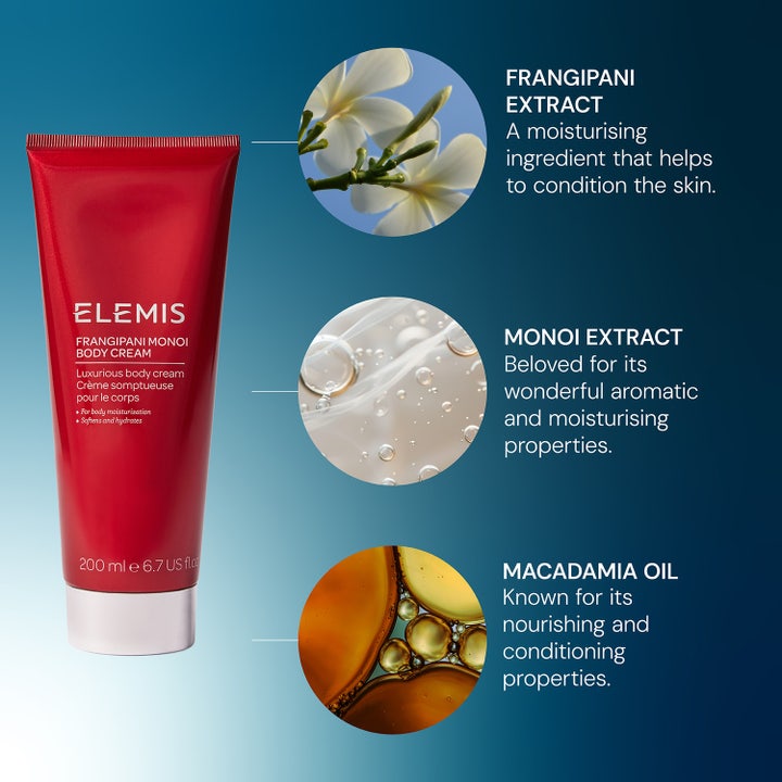 Elemis Frangipani Monoi Body Cream 200 ml fuktighetsgivende krem i rød tube med frangipani, monoi og macadamiaolje.