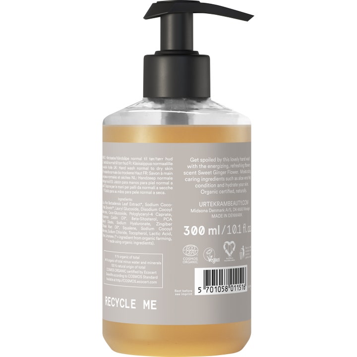 Urtekram Sweet Ginger Flower Hand Wash 300 ml fuktighetsgivende håndsåpe baksiden av flasken med vegansk logo og ingrediensliste
