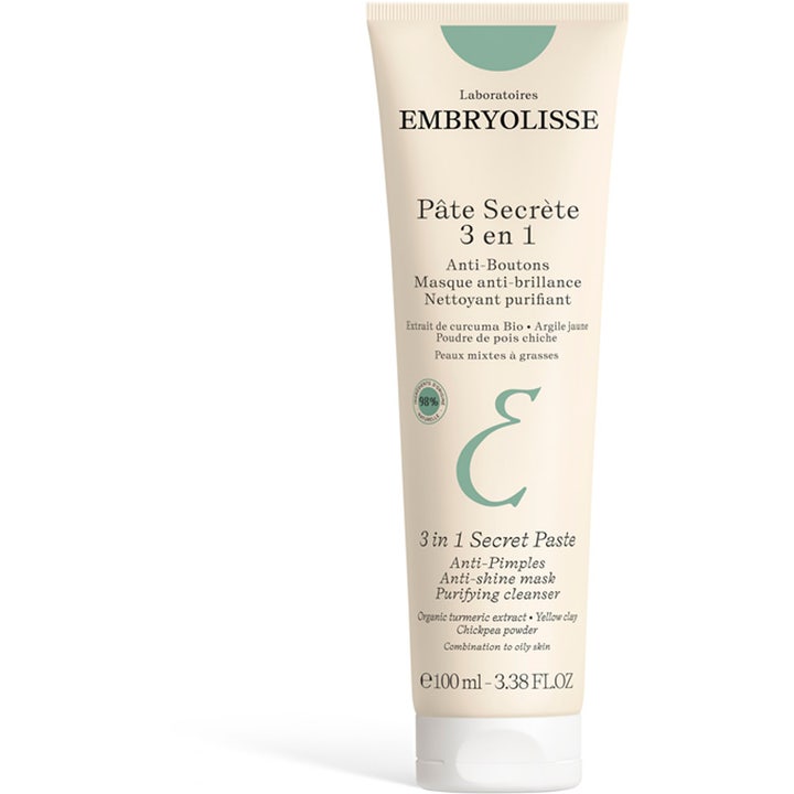 Embryolisse 3-In-1 Secret Paste 100 ml rensende ansiktspasta mot kviser i en beige tube med grønne detaljer og hvit kork