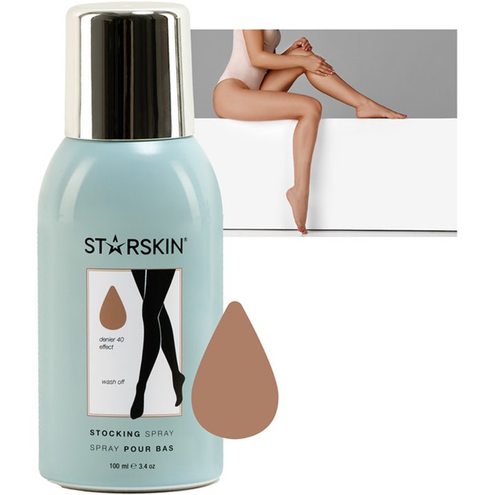Starskin Stocking Spray 100 ml gir jevnere hudtone i lyseblå sprayflaske med sølvkork og brun fargeprøve