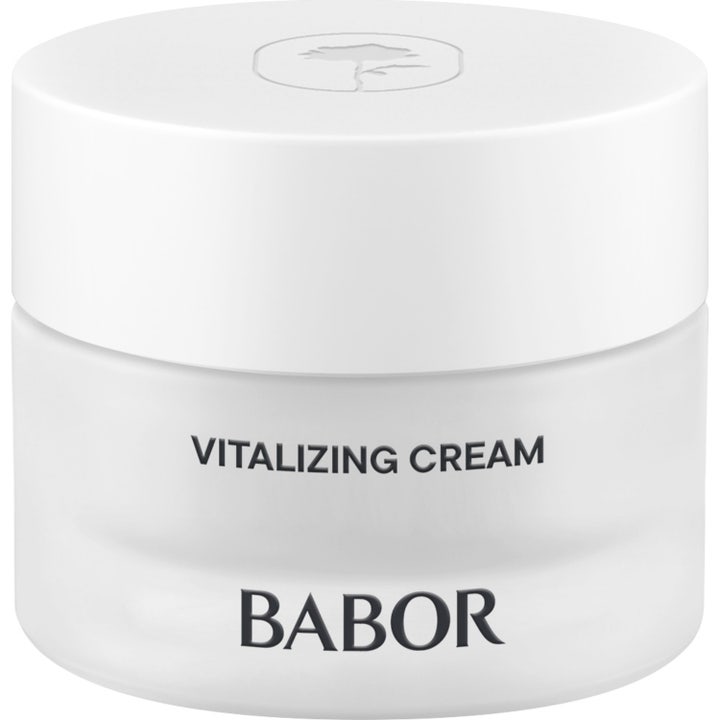Babor Skinovage Vitalizing Cream 50 ml vitaliserende ansiktskrem i en hvit frostet glasskrukke med hvitt lokk.