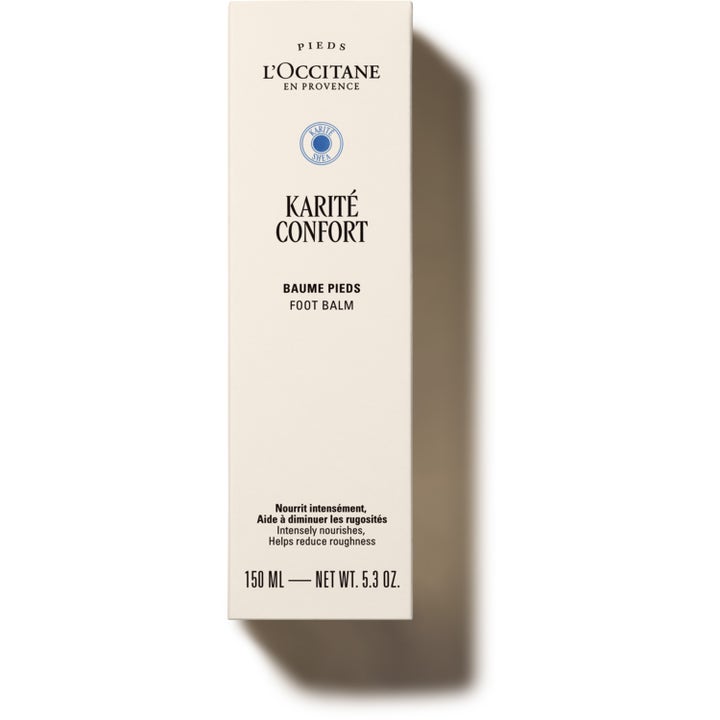 L'Occitane en Provence Shea Butter Foot Balm 150 ml pleiende fotkrem i kremhvit eske som reduserer ruhet