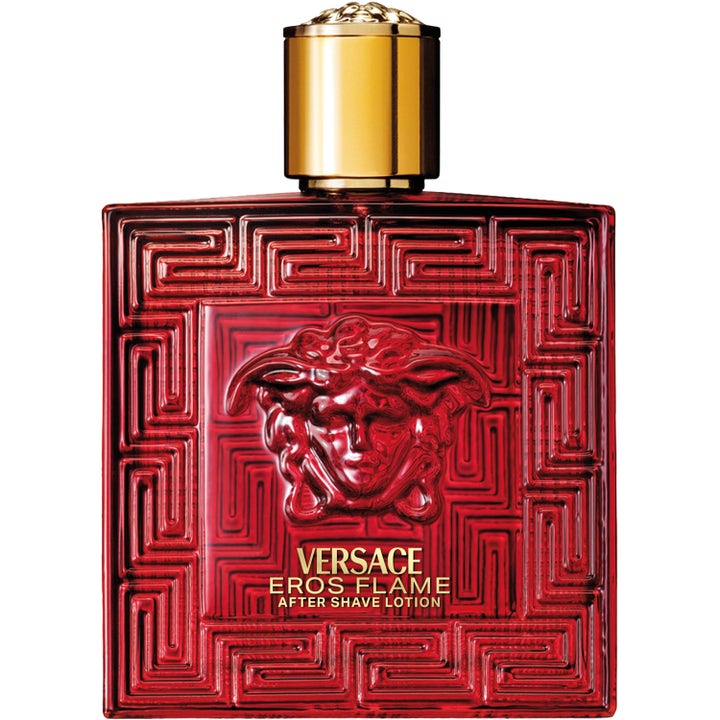 Versace Eros Flame After Shave Lotion beroligende etterbarberingsvann i rød glassflaske med preget Medusa og gullkork