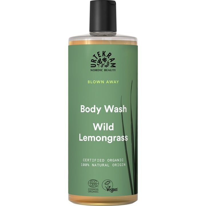 Urtekram Wild Lemongrass Body Wash økologisk dusjsåpe som frisker opp i klar flaske med grønn etikett og sort kork.