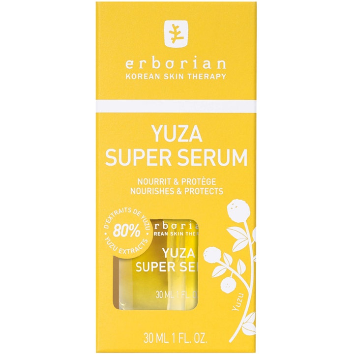 Erborian Yuza Super Serum 30 ml nærende ansiktsserum i gul eske med vindu som viser flasken med yuzu.