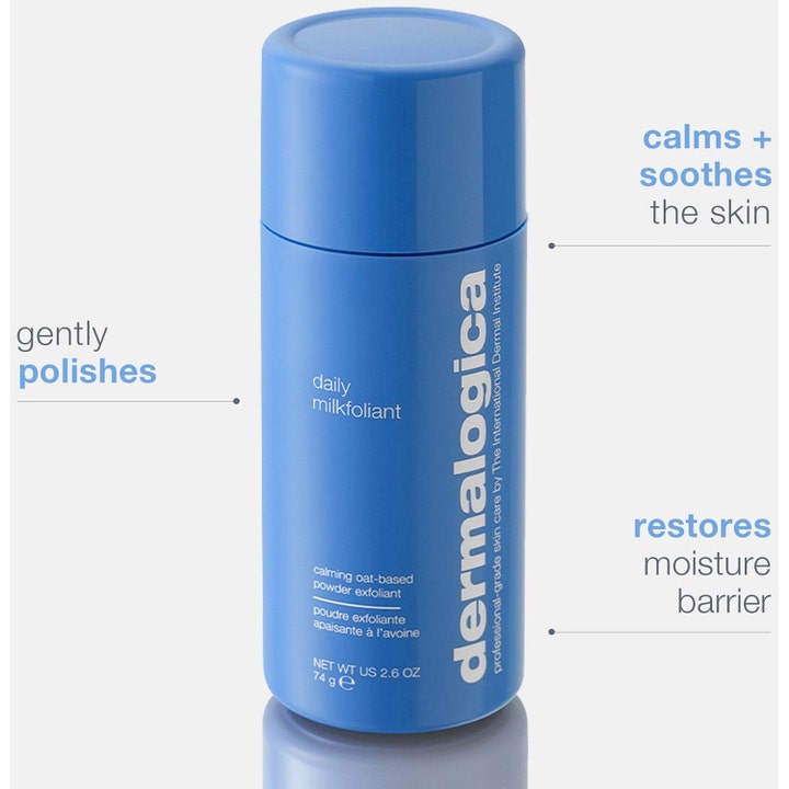 Dermalogica Daily Milkfoliant 13 g beroligende ansiktsskrubb i blå flaske som skånsomt styrker fuktbarrieren.