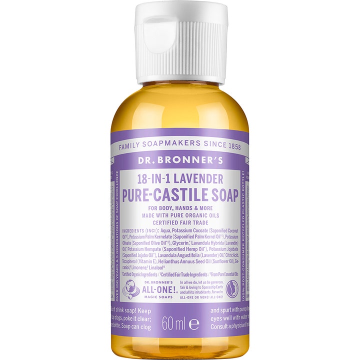 Dr. Bronner's 18-in-1 Lavender Pure-Castile Soap 60 ml beroligende såpe på plastflaske med lilla etikett og hvitt lokk