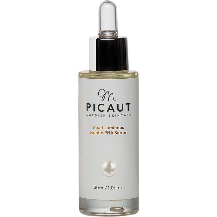 M. Picaut Pearl Luminous Gentle PHA Serum 30 ml glødgivende serum i glassflaske med hvit etikett og sølvfarget pipette