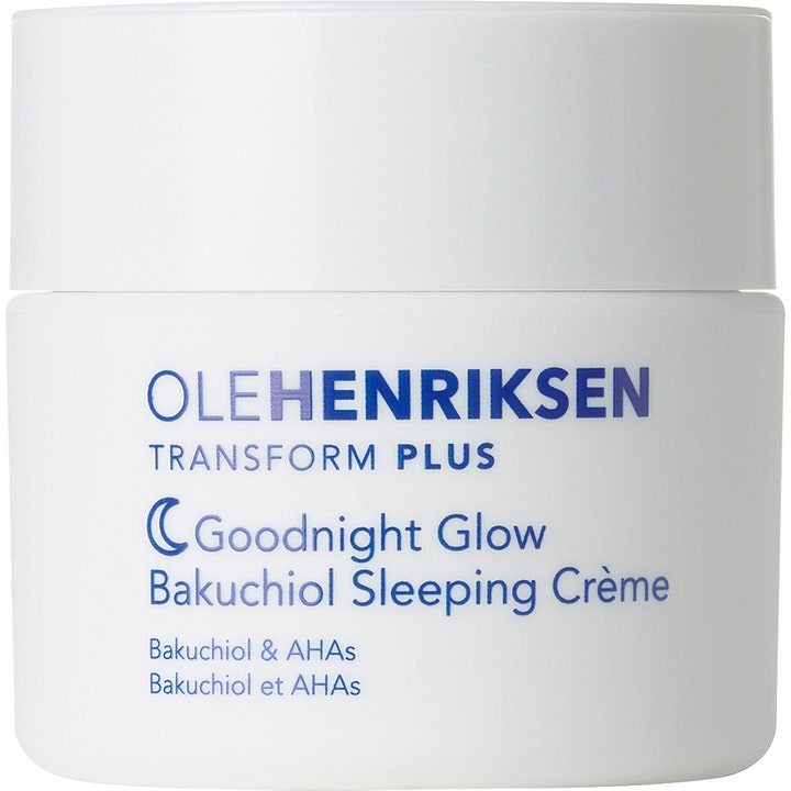 Ole Henriksen Goodnight Glow Bakuchiol Sleeping Crème nattkrem som gir glød i hvit krukke med lilla og blå skrift