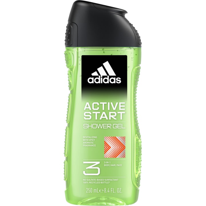 Adidas Active Start Shower Gel 250 ml revitaliserende 3-i-1 rens i lysegrønn plastflaske med svart kork