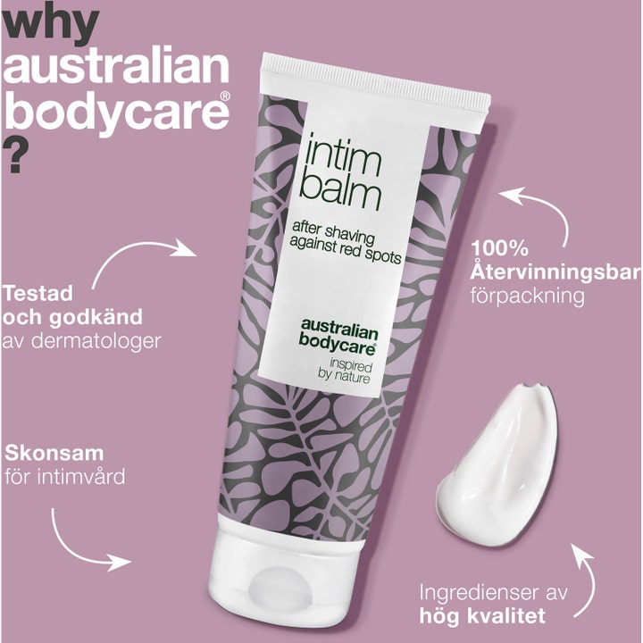 Australian Bodycare Intim Balm 100 ml aftershave balm mot røde nupper i hvit og lilla tube med synlig kremtekstur