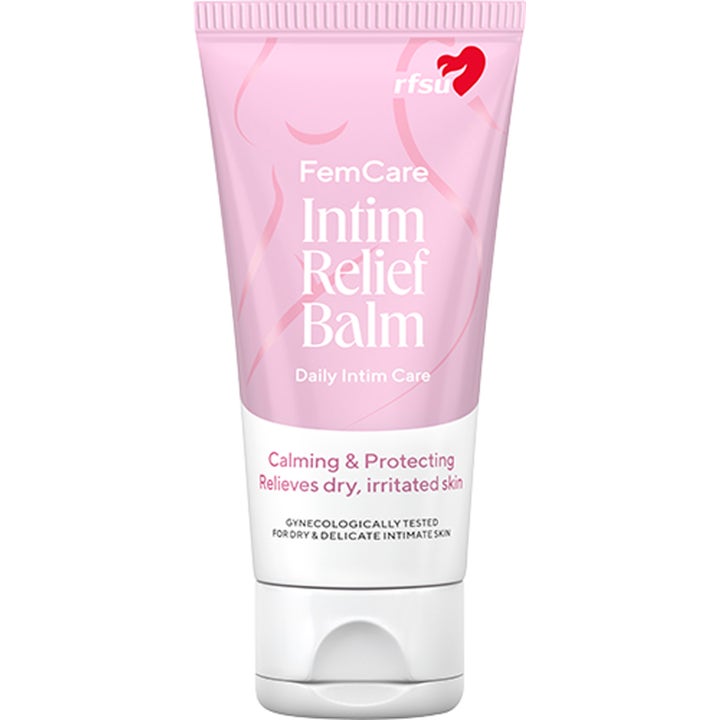 RFSU FemCare Intim Relief Balm 40 ml beroligende intimpleie som lindrer tørr hud i en rosa og hvit tube