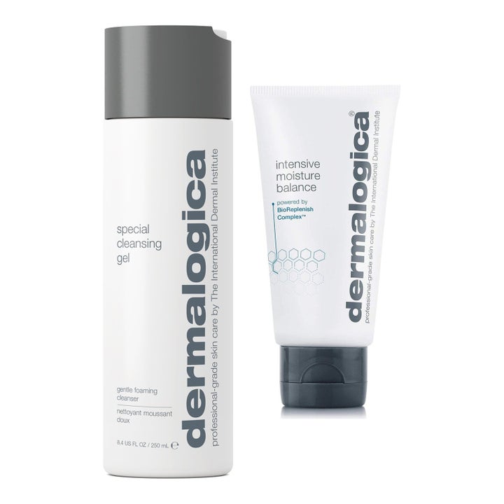 Dermalogica Special Cleansing Gel og Intensive Moisture Balance gir ren og fuktmettet hud i hvit flaske og tube med grå korker