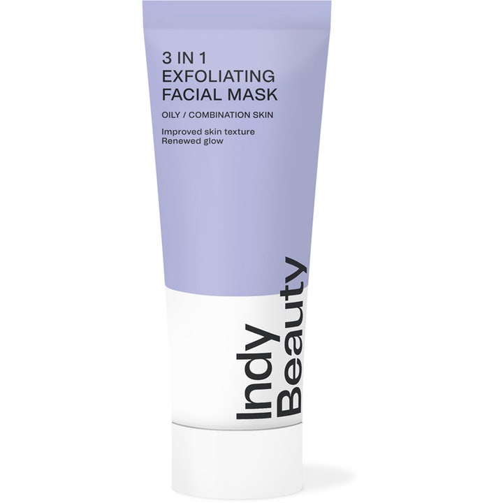 Indy Beauty 3 in 1 Exfoliating Facial Mask eksfolierende ansiktsmaske gir fornyet glød i lilla og hvit tube