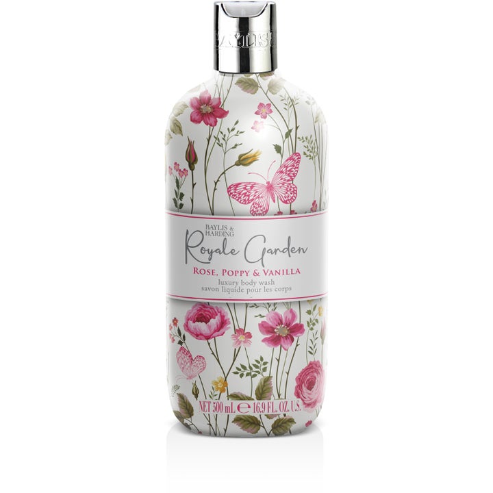 Baylis & Harding Royale Garden Rose Poppy & Vanilla 500 ml luksuriøs kroppssåpe i hvit flaske med rosa blomstermotiv