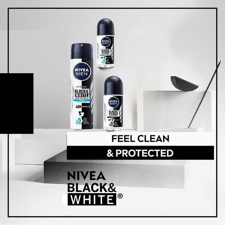 NIVEA MEN Black & White Fresh Spray 150 ml deodorant og roll-on på hvite blokker gir ren og trygg beskyttelse.