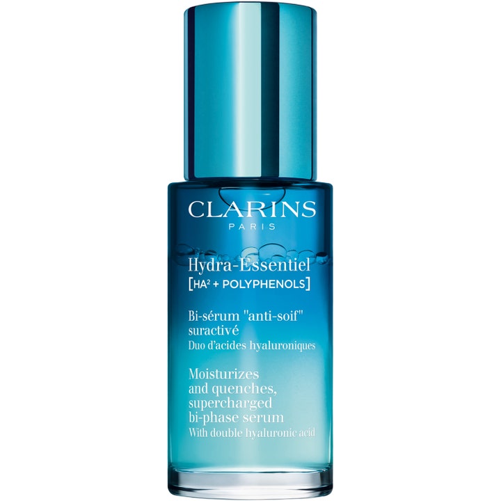 Clarins Hydra-Essentiel Bi-sérum fuktighetsgivende ansiktsserum i blå glassflaske med tofaset tekstur