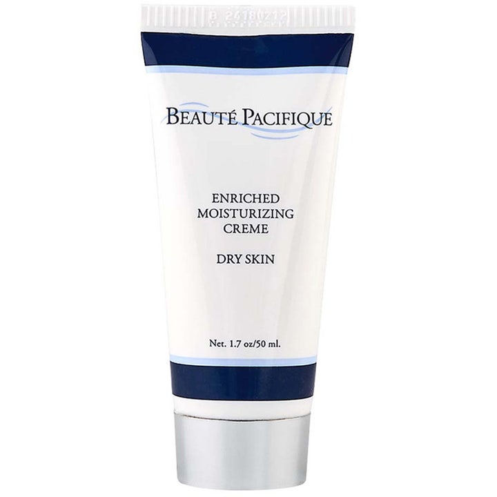 Beauté Pacifique Enriched Moisturizing Creme 50 ml fuktighetskrem for tørr hud i hvit tube med blå detaljer og sølvkork.