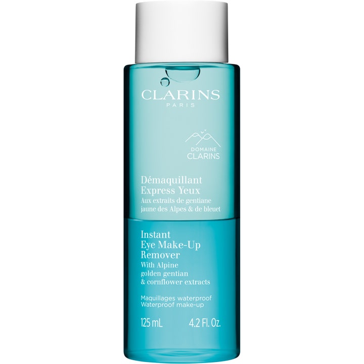 Clarins Instant Eye Make-Up Remover 125 ml fjerner vannfast sminke med en tofaset blå væske i gjennomsiktig flaske.