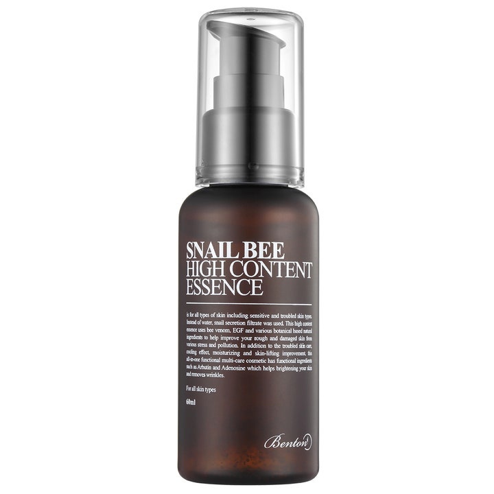 Benton Snail Bee High Content Essence 60ml beroligende ansiktsserum i mørkebrun pumpeflaske med gjennomsiktig kork