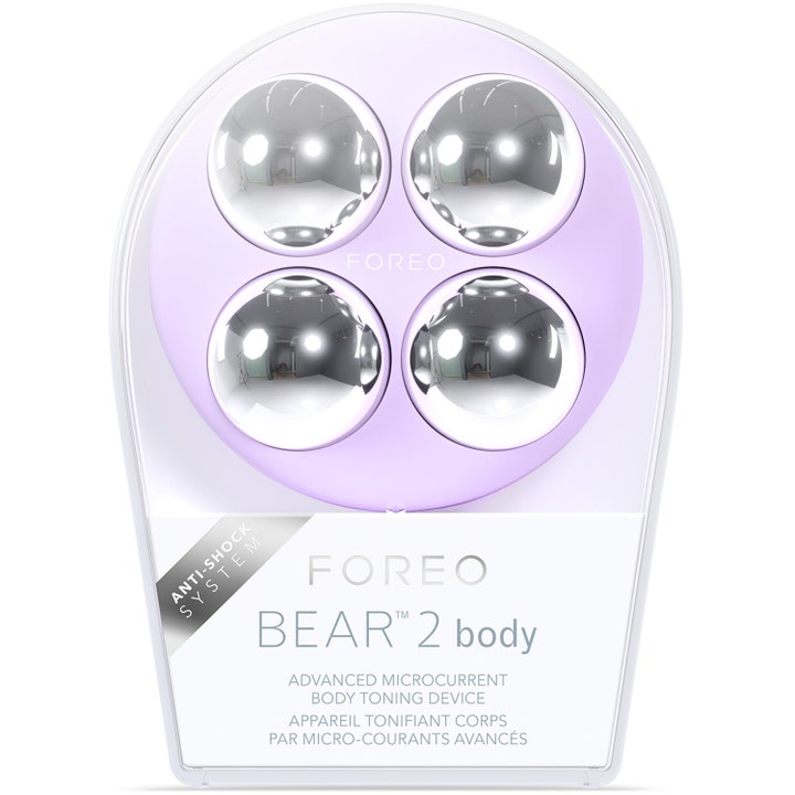 FOREO BEAR 2 body Lavender 1 stk hudpleie med fire store kuler i sølv og lilla silikon i hvit emballasje