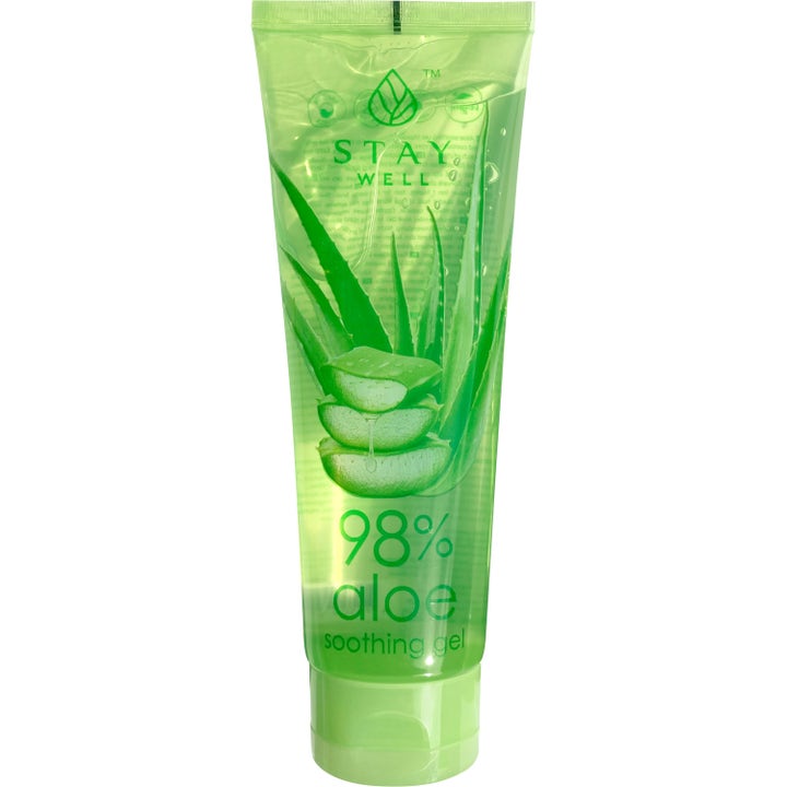 Stay Well 98% Aloe Soothing Gel fuktighetsgivende gel i gjennomsiktig grønn tube med aloe vera-blader