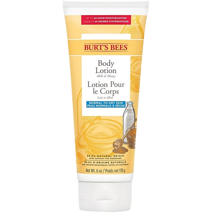 Burt's Bees Body Lotion Milk & Honey 170g fuktighetsgivende kroppskrem i hvit og gul tube med honningillustrasjoner