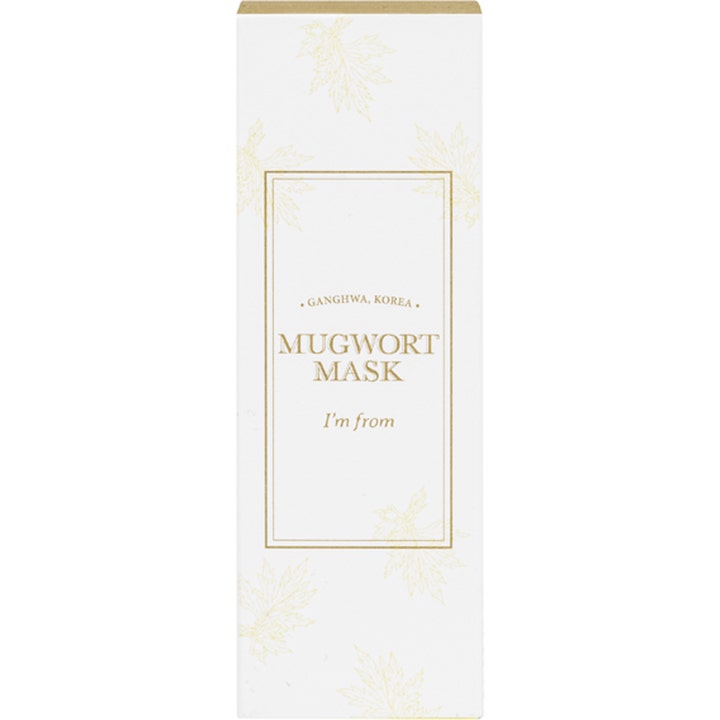 I'm From Mugwort Mask 30 ml beroligende ansiktsmaske i hvit yteremballasje med elegante gulldetaljer og bladmønster