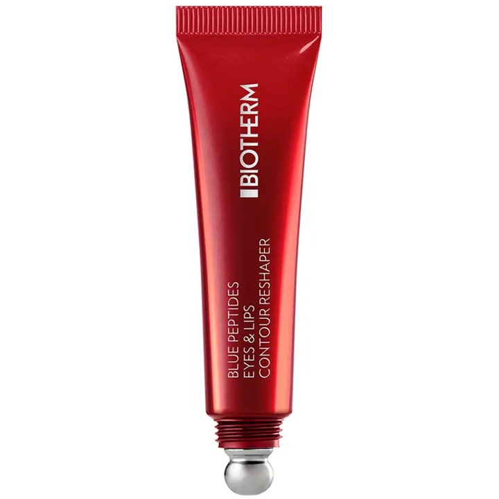 Biotherm Blue Peptides Eyes & Lips Contour Reshaper oppstrammende krem i rød metallic tube med sølvfarget kuleapplikator