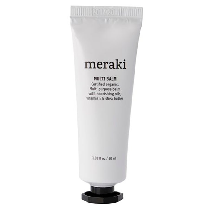 Meraki Multi Balm 30 ml nærende multibalm med sheasmør og vitamin E i en hvit tube med sort skrukork