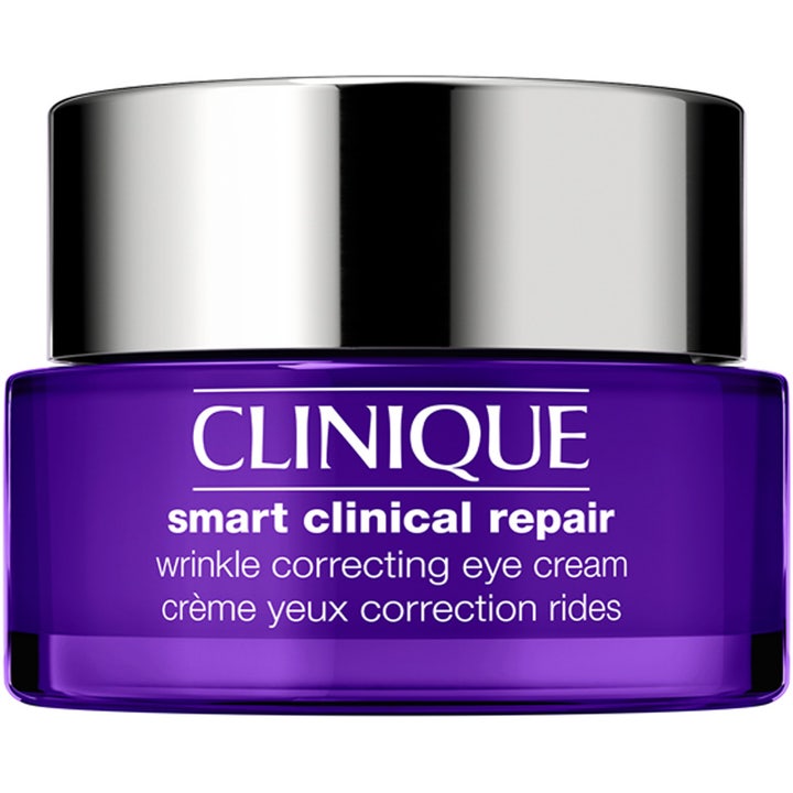 Clinique Smart Clinical Repair Wrinkle Correcting Eye Cream rynkekorrigerende øyekrem i lilla glasskrukke med sølvlokk