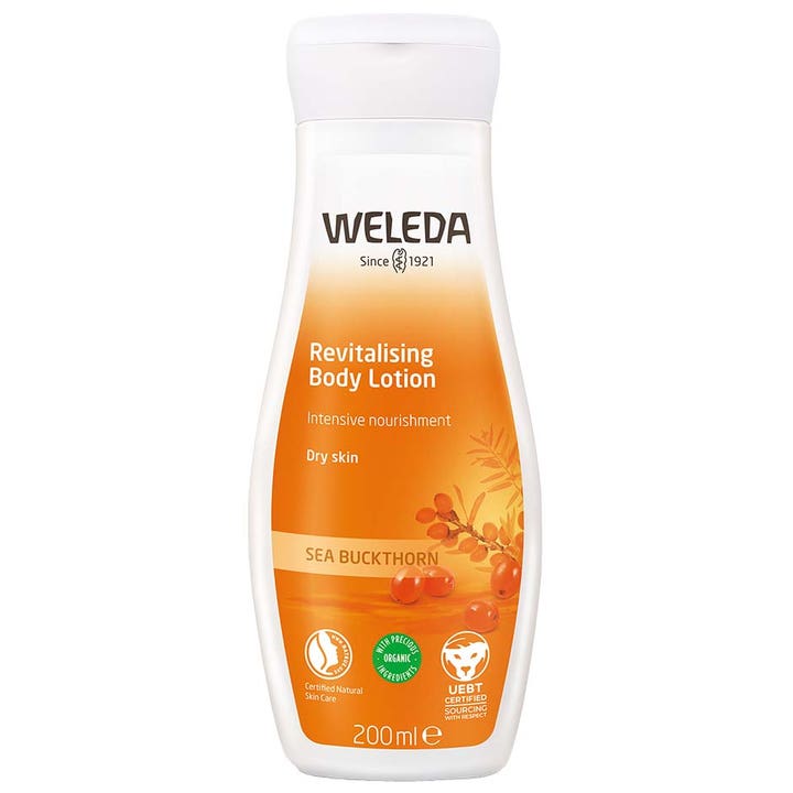 Weleda Revitalising Body Lotion 200 ml fuktighetskrem i hvit plastflaske med oransje etikett.