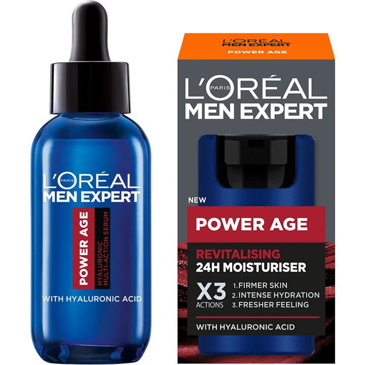 L'Oréal Men Expert Power Age hyaluronsyre ansiktsserum og fuktighetskrem i blå glassflaske og eske som gir fastere hud.