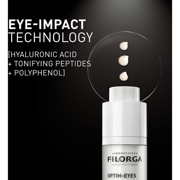 Filorga Optim-Eyes 15 ml øyekrem med hyaluronsyre og hvit kremtekstur vist med Eye-Impact Technology tekst