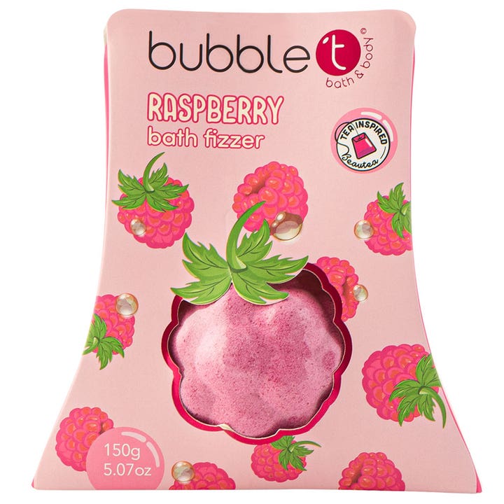 Bubble T Raspberry Bath Fizzer 150g velduftende badebombe i rosa innpakning med dekorative bringebær