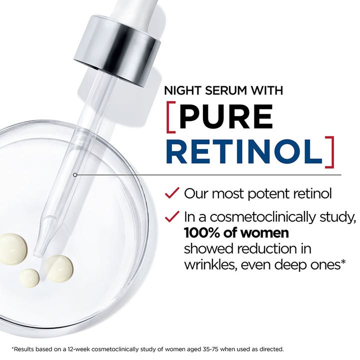 L'Oréal Paris Laser Pure Retinol Night Serum 30 ml mot rynker viser pipette som drypper serum i en glasskål.