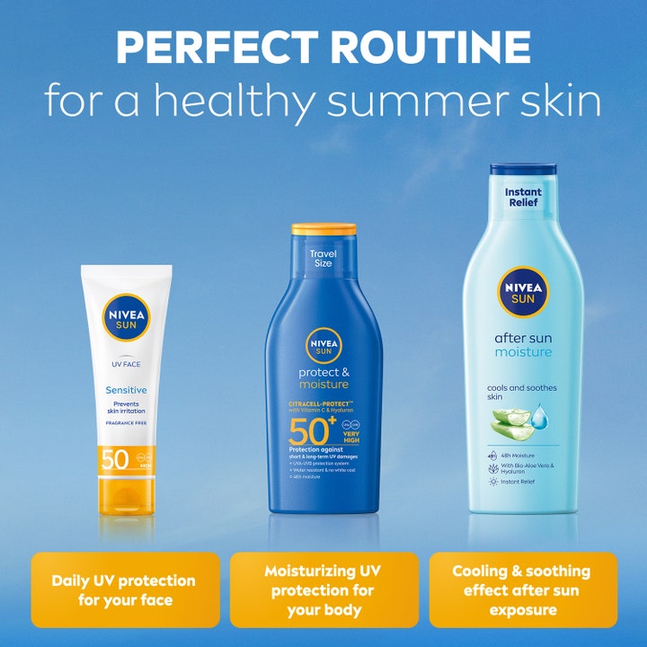 NIVEA Sun Protect & Moisture 100 ml solkrem SPF 50+ i blå reiseflaske som gir fuktighet og solbeskyttelse