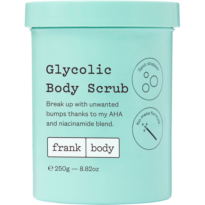 Frank Body Glycolic Body Scrub 250g eksfolierende kroppsskrubb som glatter ut huden i en mintgrønn krukke med sort tekst.