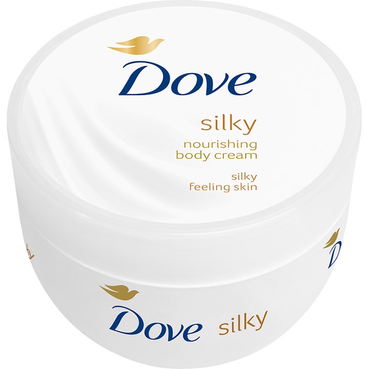 Dove Silky Nourishing Body Cream fuktighetskrem som gir silkemyk hud i en hvit rund krukke med blå og gull skrift