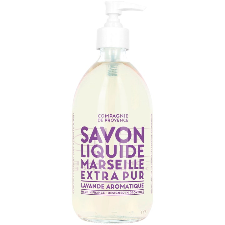Compagnie de Provence Savon Liquide Marseille 500ml beroligende lavendelsåpe i klar flaske med hvit pumpe