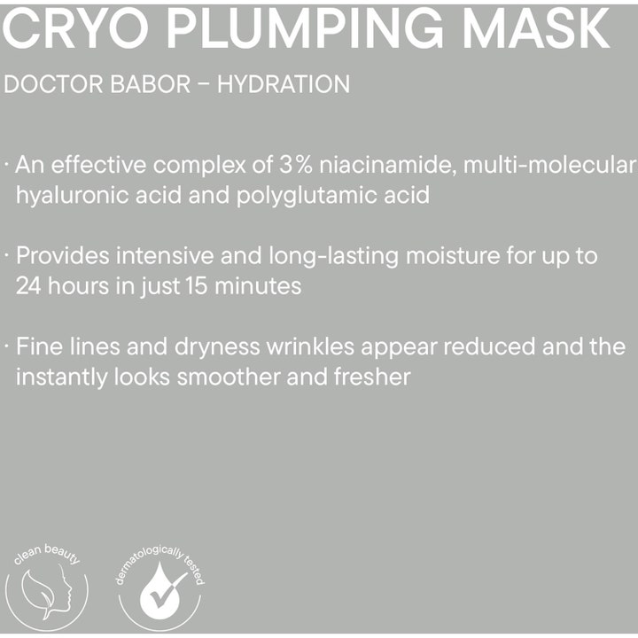 Babor Doctor Babor Cryo Plumping Mask 1 stk ansiktsmaske med tekst om 3% niacinamid og hyaluronsyre.