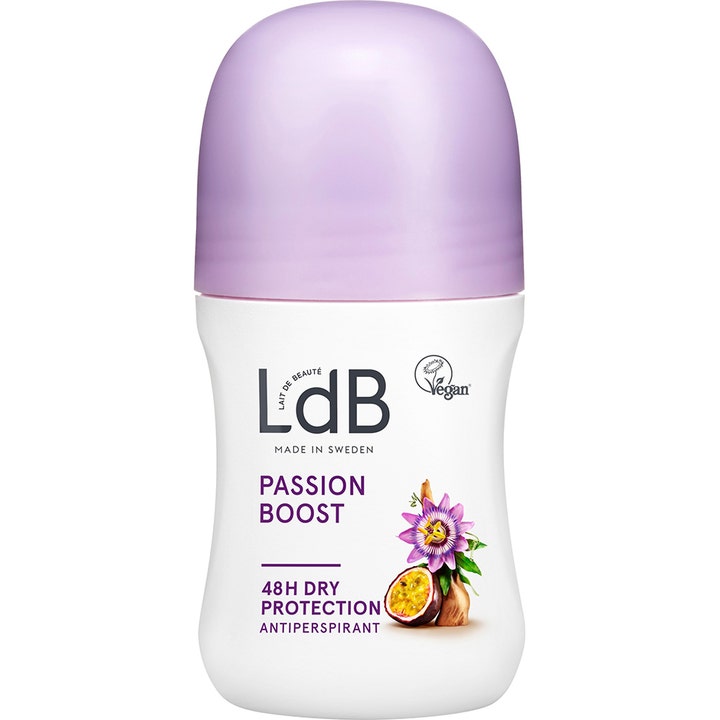LdB Passion Boost 50 ml roll-on antiperspirant gir tørr beskyttelse i hvit plastflaske med lilla kork