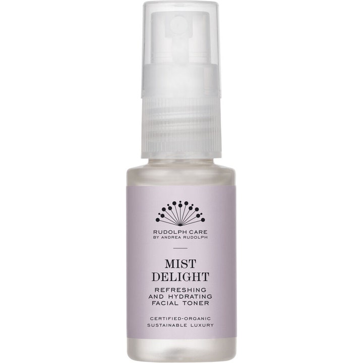 Rudolph Care Mist Delight fuktighetsgivende ansiktstoner i frostet glassflaske med lys lilla etikett og spraykork