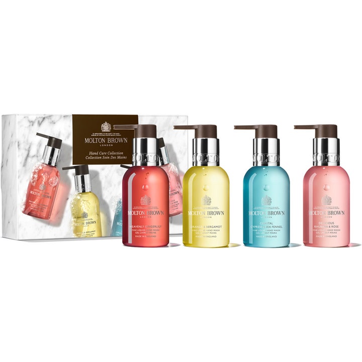 Molton Brown Hand Care Collection 4x100ml pleiende håndsåper i fargerike pumpeflasker med marmormønstret eske.