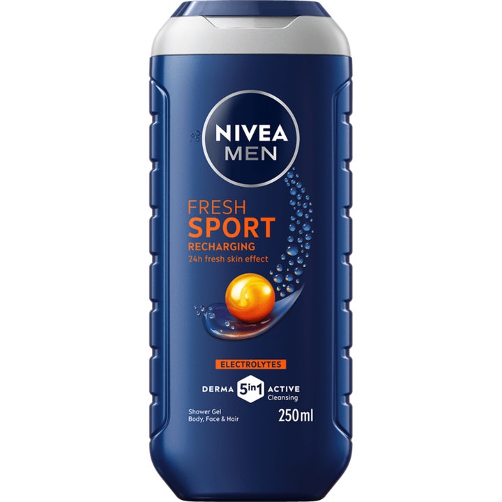 Nivea Men Sport 3in1 250 ml forfriskende dusjsåpe som gir energi i en mørkeblå flaske med oransje grafikk