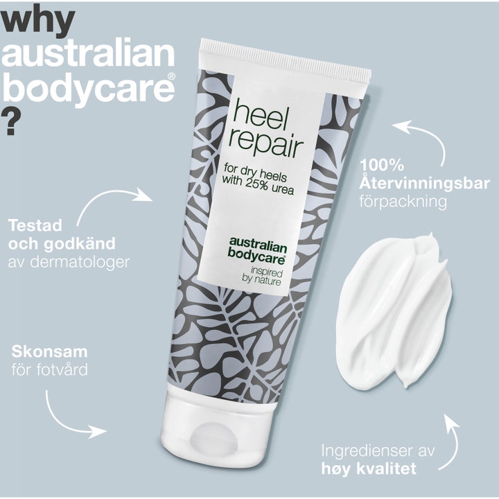 Australian Bodycare Heel Repair 100 ml fotkrem mot tørre hæler i hvit tube med bladmønster og hvit kremtekstur.