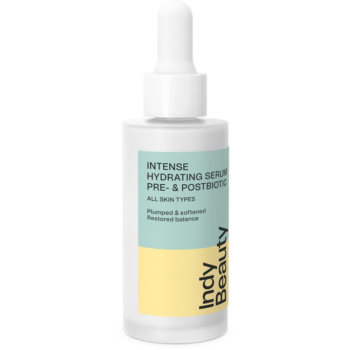 Indy Beauty Intense Hydrating Serum 30 ml fuktserum i hvit glassflaske med pipette og pastellfarget etikett
