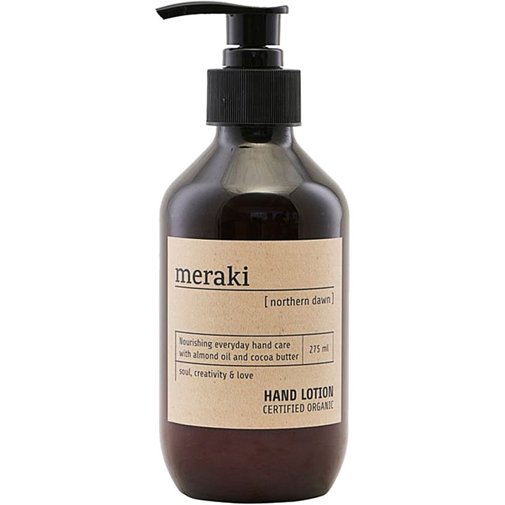 Meraki Northern Dawn Hand Lotion 275 ml pleiende økologisk håndkrem i mørk flaske med svart pumpe og beige etikett