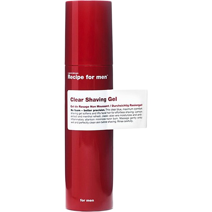 Recipe for men Clear Shaving Gel 100 ml for barbering i rød sylinderformet flaske med hvit etikett.